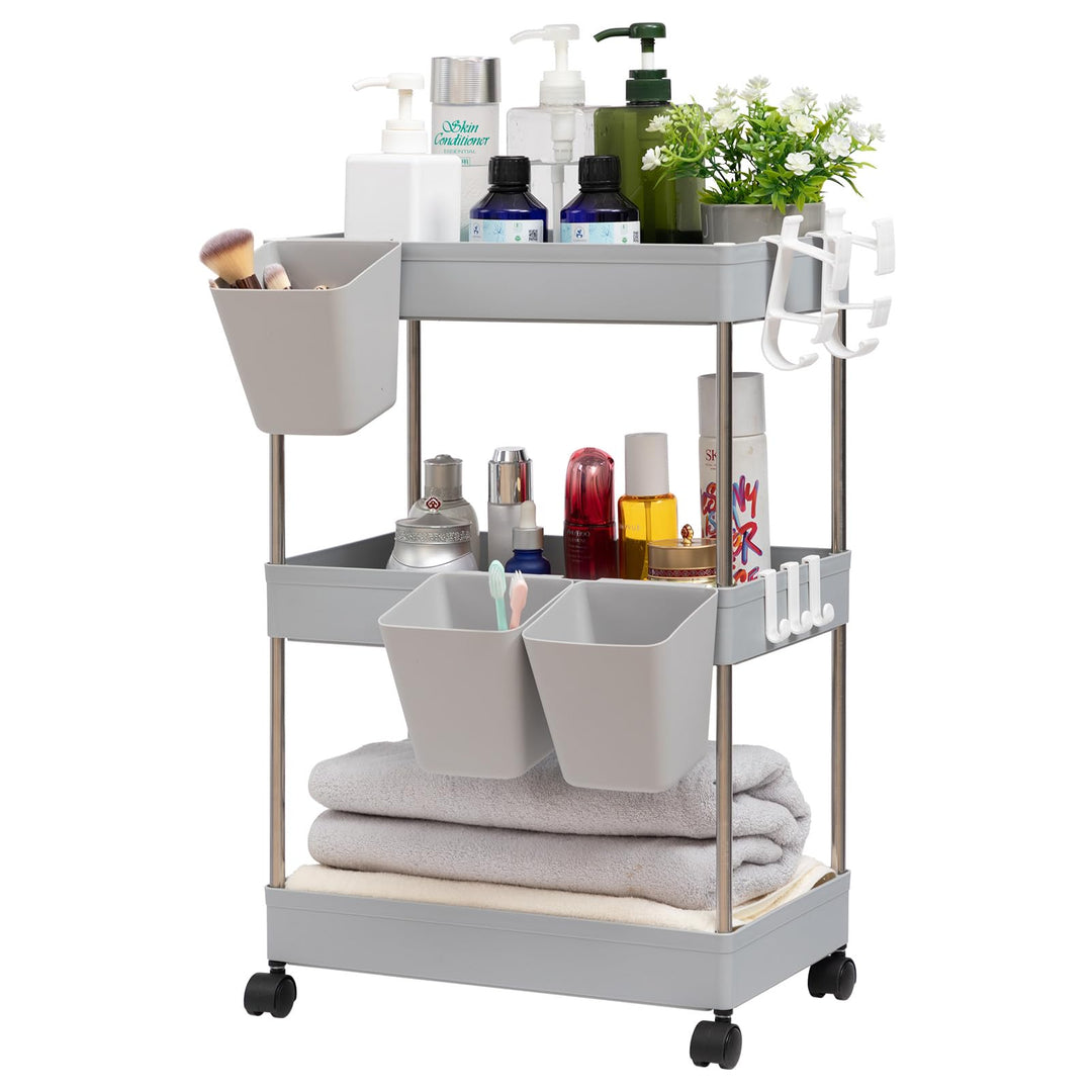 DOEWORKS Servierwagen mit Rollen Küchenwagen Schmal Rollwagen 3 Ebenen Aufbewahrungswagen mit 3 Häng