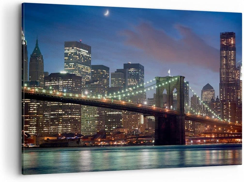 Bilder auf Leinwand 100x70cm Leinwandbild Brooklyn brücke nacht new york city Gross Wanddeko Bild Sc