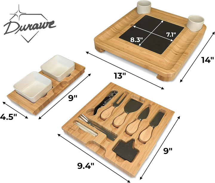 Bambus Käsebrett und Messer-Set Keramik-Schalen Weinöffner – 100% Bio-Holz Serviertablett Charcuteri