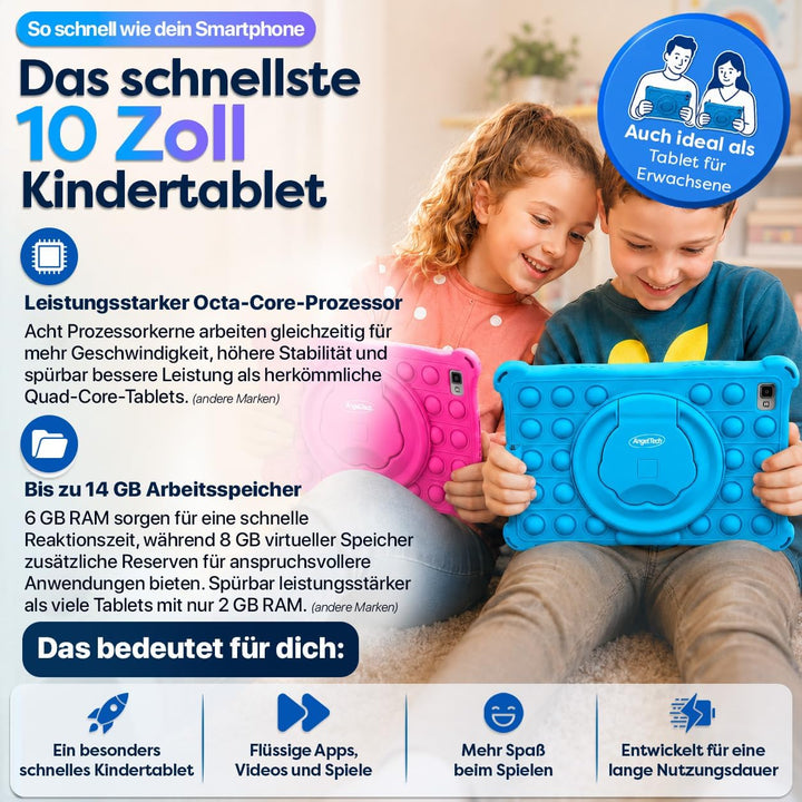 AngelTech Tablet Touchscreen für Kinder XL Pro II – 10 Zoll HD – 4 + 3 GB RAM – 64 + 128 GB ROM – Oc