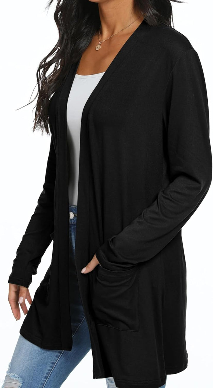 QIXING Casual Leichte Strickjacke Damen Lang Elegant Dünne Strickjacke Lange Ärmel mit Taschen Open