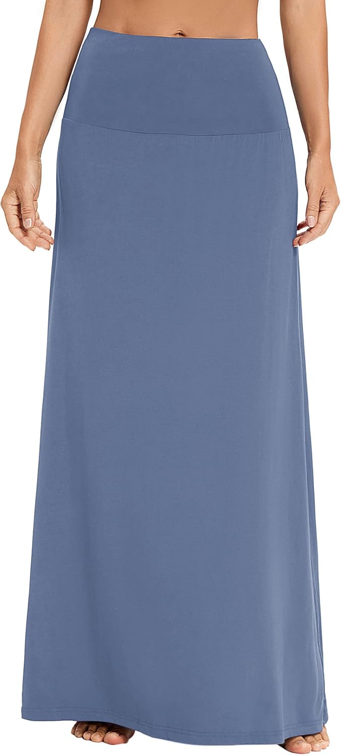 Damen Sommer Hohe Taille Boho Yoga Maxi Rock Elastisch Pull On Lang Röcke S Graublau, S Graublau