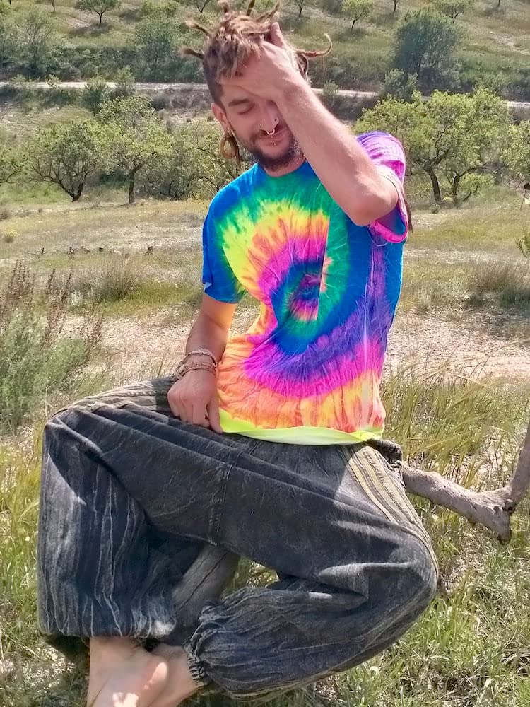 Batik T-Shirt Neon Rainbow Festival Hippie Goa Psytrance (L), L