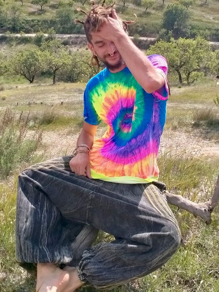 Batik T-Shirt Neon Rainbow Festival Hippie Goa Psytrance (L), L