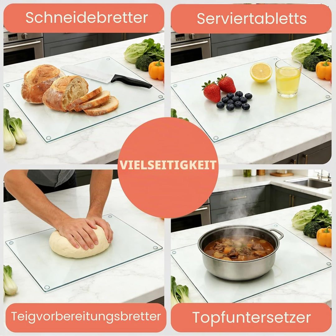Hacaroa 4 Stück Gehärtetes Glas Schneidebrett mit Gummifüssen, Rechteckiges Rutschfestes Schneidebre