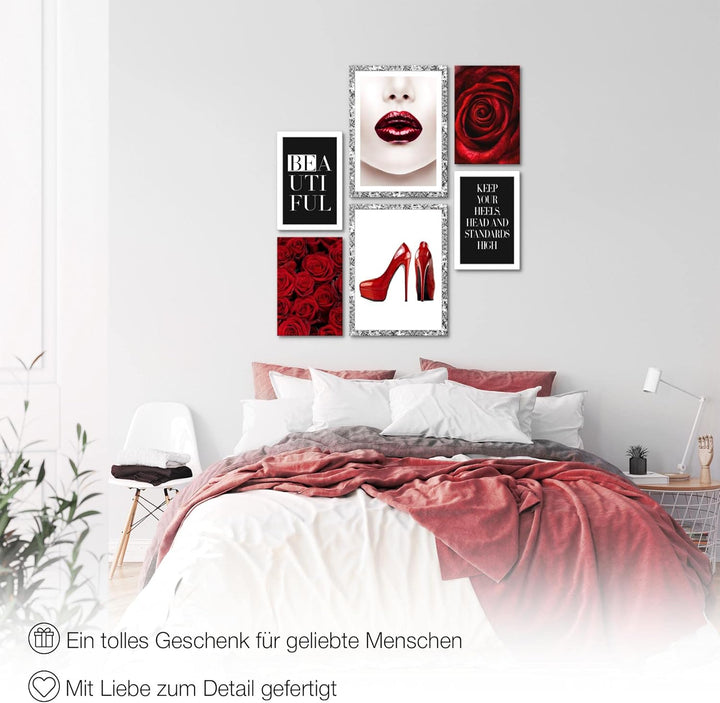 Novart Wandbilder Set Fashion Coco Rot - KEIN EXTRA RAHMEN BENÖTIGT - Modern Deko - Wohnzimmer Mädch