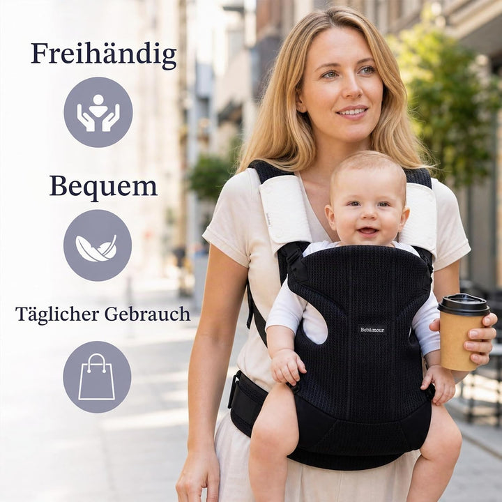 Bebamour Babytrage Vorder und Rückentrage mit 2 Schulterlätzchen, Beige, Beige