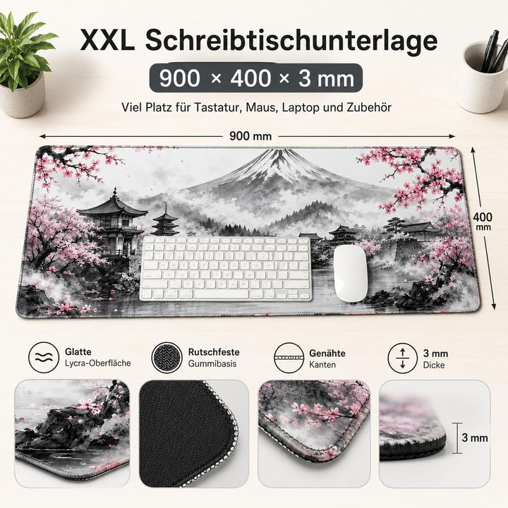 Schreibtischunterlage Mauspad XXL 900 x 400 mm, Japan Landschaft Gaming Mousepad mit rutschfester Gu