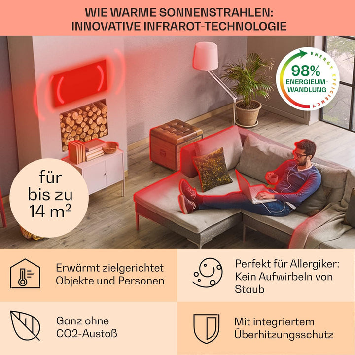 Klarstein Infrarotheizung mit Thermostat, 960W Elektroheizung, Smart Home Infrarotheizung zur Wandmo