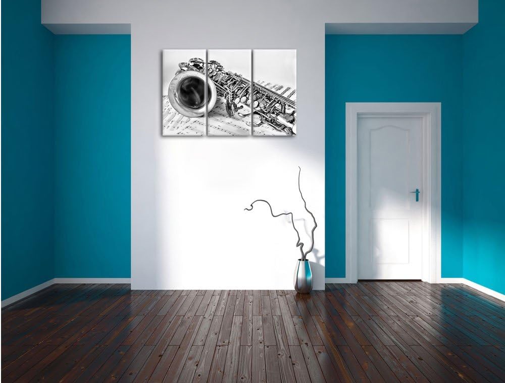 Pixxprint Saxophon auf Notenpapier als Leinwandbild/Grösse: 3 Teilig (120x80 cm) cm/Wandbild/Kunstdr