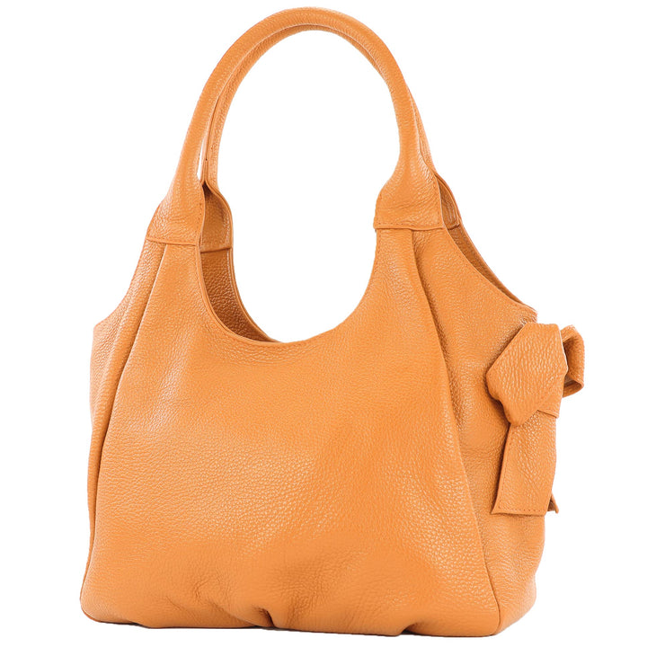 modamoda de - IT28 - ital Damen Schultertasche aus Leder Cognac/Leder, Cognac/Leder