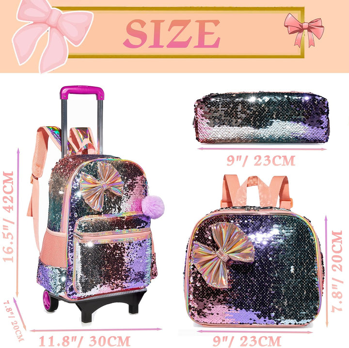 HTgroce Bogen Rucksack Trolley Mädchen Schultaschen Trolley, Grundschule Trolley Rucksack mit Lunch