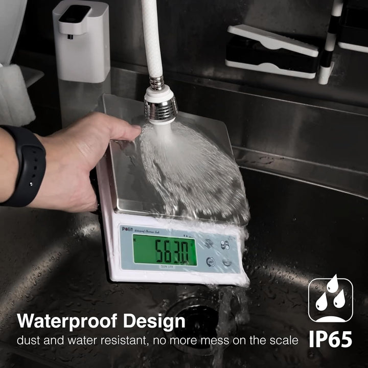 Polit Sun Lite IP65 wasserdichte Küchenwaage – 3kg/6,6lb, präzise 0,1g. Abnehmbares Edelstahl-Tablet