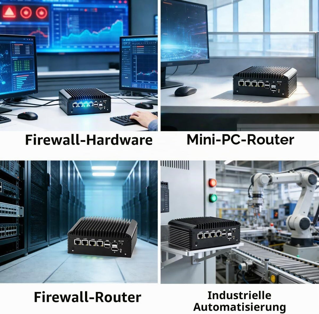 Lüfterlos Mini PC N150 Firewall Appliance Industrial Micro Büro, 4 x 2.5Gbit LAN + 2 RS232 Com, 8GB