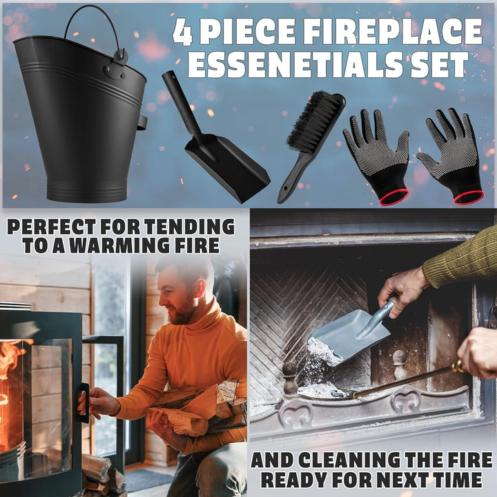 DecoExpress Aschekasten Kaminzubehör Set mit Ascheeimer 7 Liter, Asche Schaufel, Bürste & Handschuhe