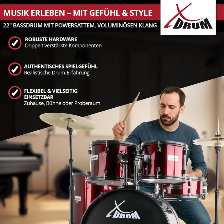 XDrum Rookie 22" Fusion Schlagzeug Komplettset Ruby Red - Ideal für Einsteiger - Stylische Hardware
