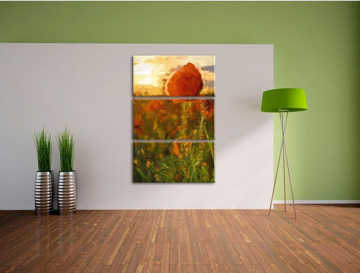 Pixxprint Mohnfeld Kunst Pinsel Effekt 3-Teiler Leinwandbild 120x80 Bild auf Leinwand