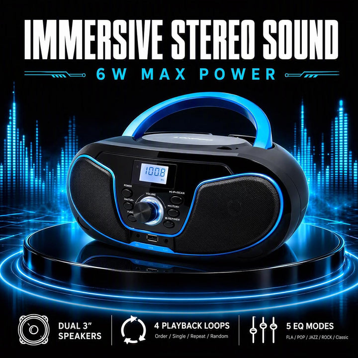 Tragbar CD Player Boombox Bluetooth - mit UKW Radio, USB Eingang &amp; AUX &amp; Kopfhörern Ports, 2 x 2 Wat