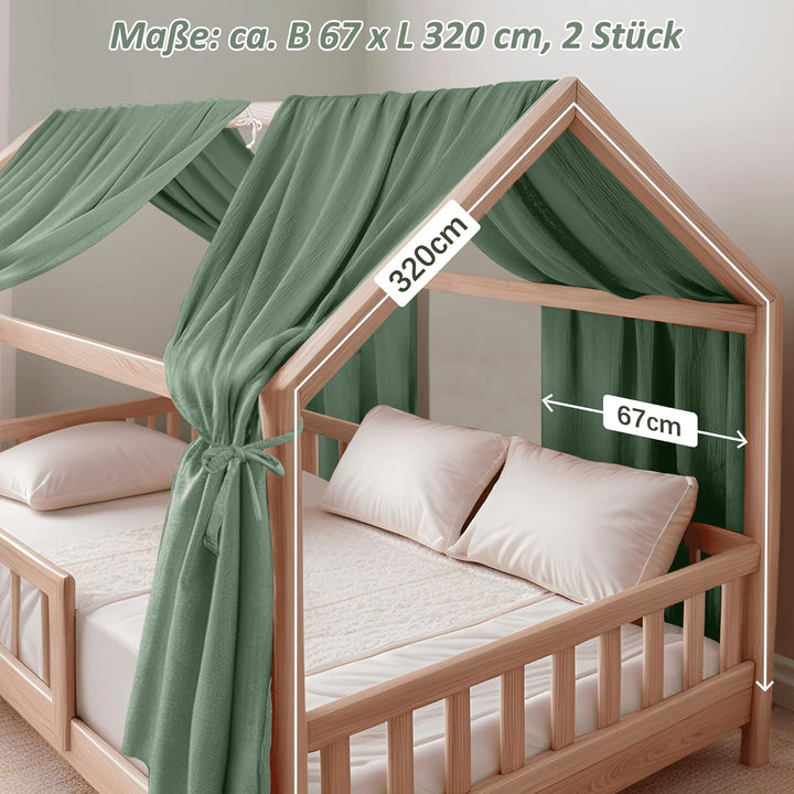 Hausbett Himmel Deko Set, Betthimmel Hausbett aus Musselin - 2 Betthimmel & 1 Wimpelkette, für Junge
