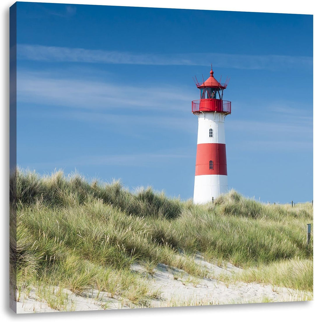 Leuchtturm hinter Dünen, Format: 70x70 auf Leinwand, XXL riesige Bilder fertig gerahmt mit Keilrahme