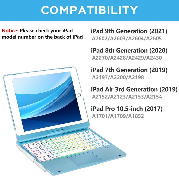NOKBABO iPad 9. Generation Hülle mit Tastatur, um 360° drehbares Touchpad und 7-farbige Hintergrundb