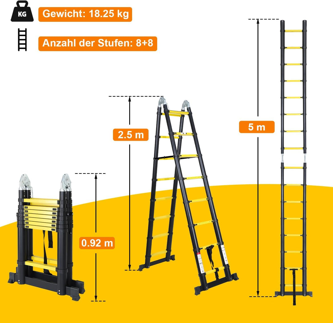 Teleskopleiter Mit Rädern, 5M (2,5+2,5) Rutschfester Aluminium Stehleiter, 150 kg/330 Pfund Belastba