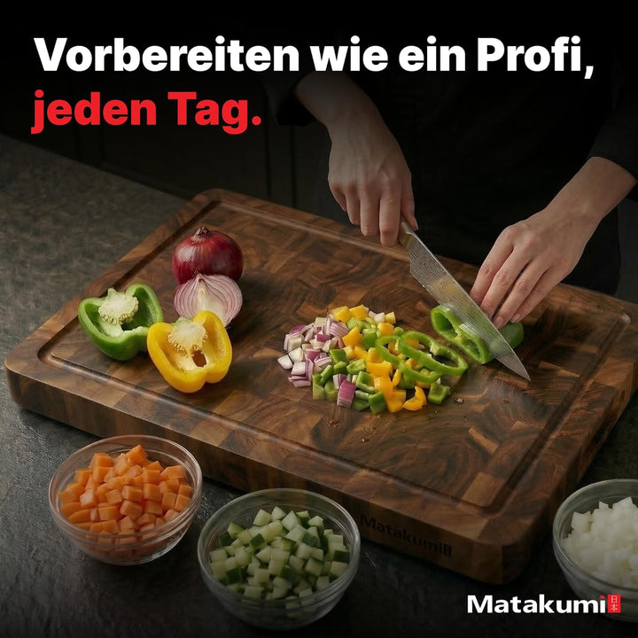 Matakumi Holzschneidebrett – Schneidebrett aus Holz aus Akazie mit Seitengriffen, Saftrille und Stir