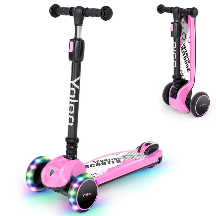 YOLEO Kinderoller Kinderscooter Dreiradscooter mit LED Räder, 2-Rädern Hinterbremsen,4 Höhenverstell