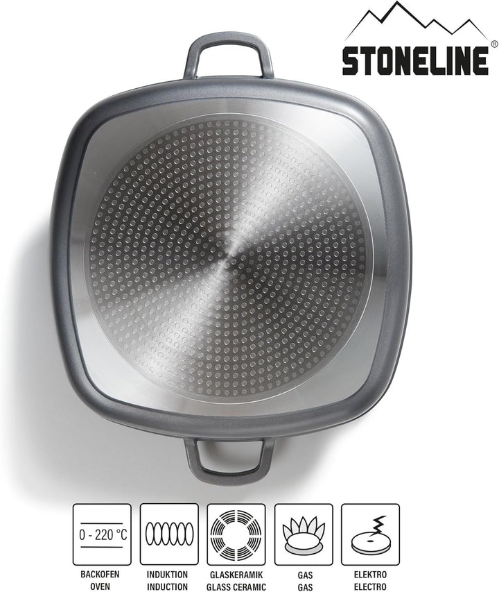 STONELINE Servierpfanne Eckig 32 cm, Eckige Pfanne Induktion mit Deckel, Aroma Funktion, Aluguss, An