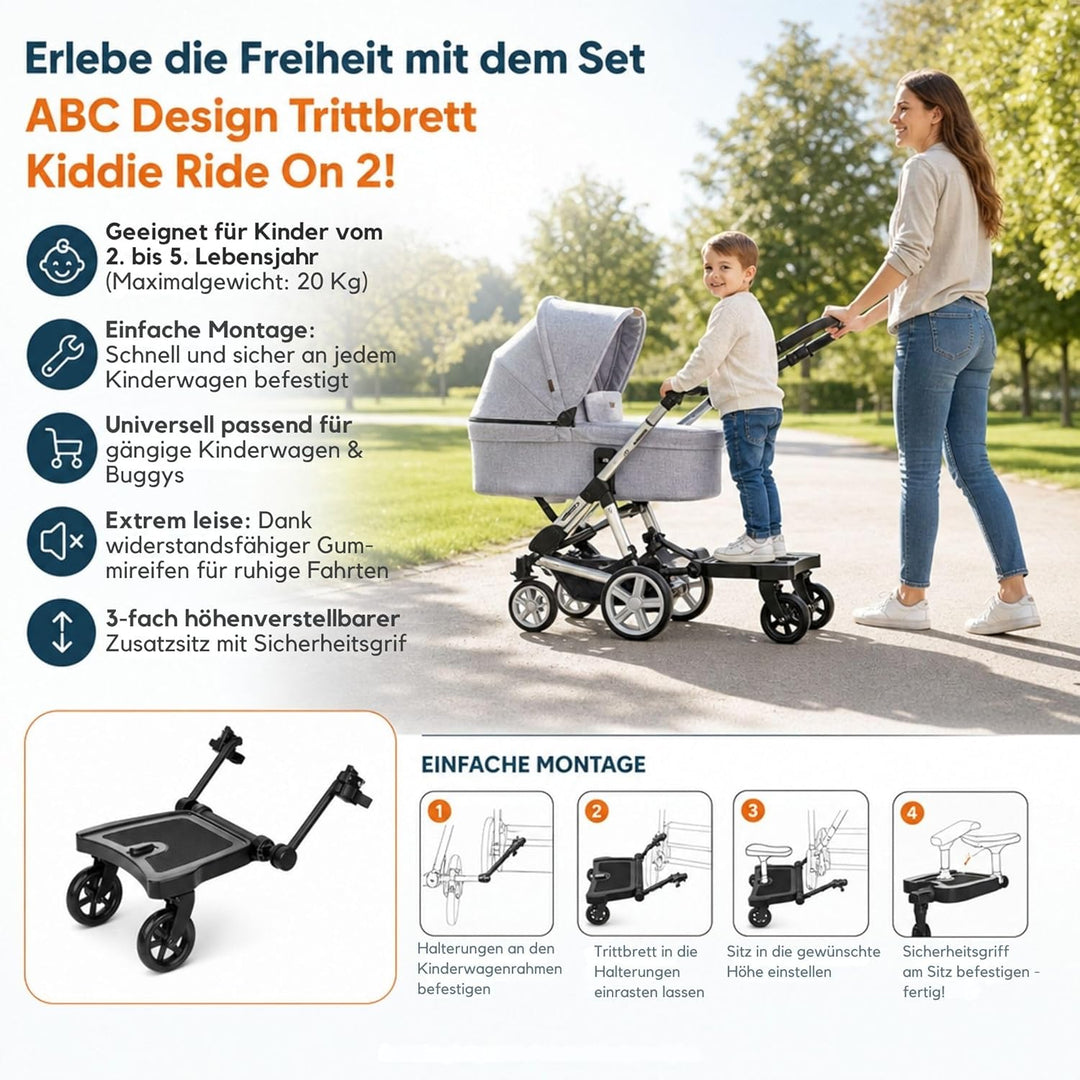 Set ABC Design Trittbrett Kiddie Ride On 2 mit Stoffwindel von Kinderhaus Blaubär | Mitfahrbrett uni