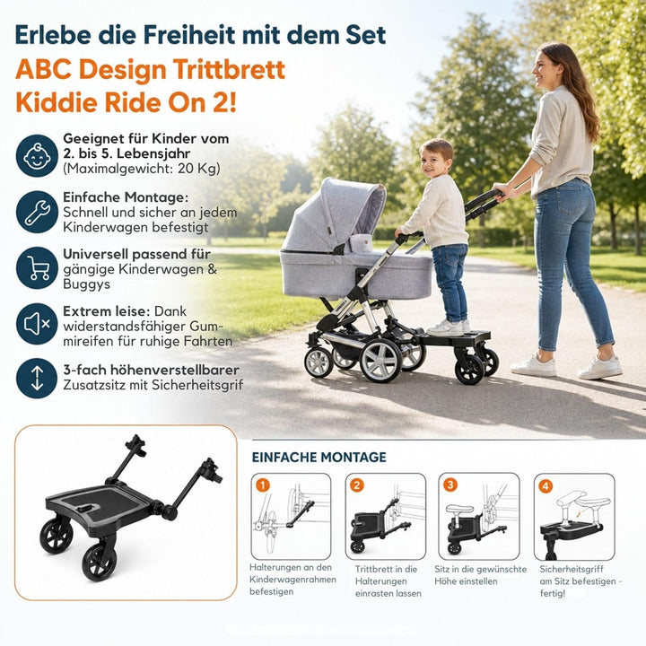 Set ABC Design Trittbrett Kiddie Ride On 2 mit Stoffwindel von Kinderhaus Blaubär | Mitfahrbrett uni