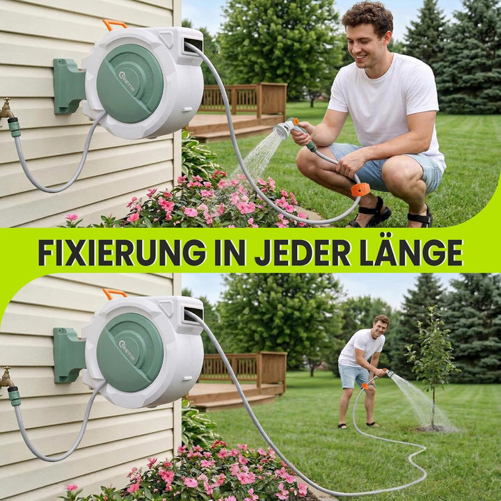Schlauchtrommel Wasser 30m + 2m, 180° Schwenkbar Wand-Schlauchbox, Automatischer Gartenschlauch trom