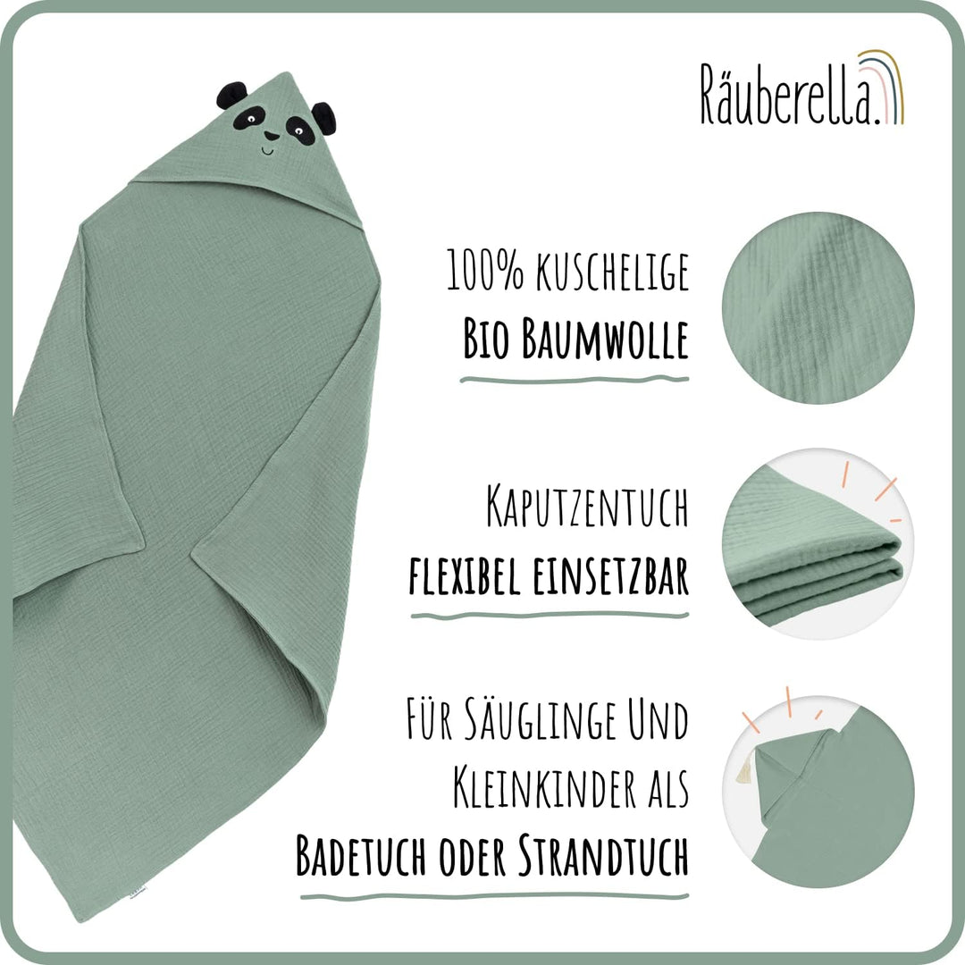 Räuberella® Panda-Kapuzenhandtuch Baby in Mint I 80x80cm I Musselin-Badetuch-Baby aus 100% Bio-Baumw