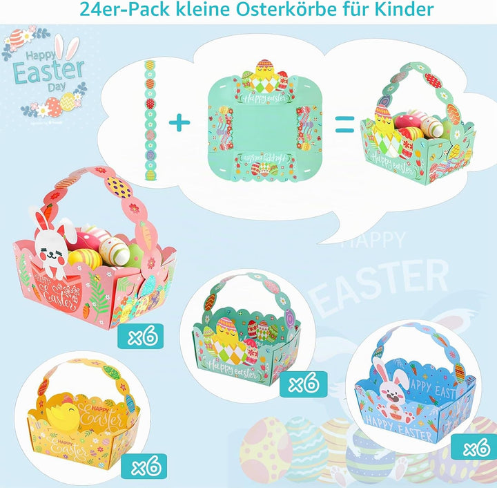 24 Stück Osterkörbchen Kinder, YILNUNFU Osterkörbchen mit Henkel–4 Designs Osterkörbchen Gefüllt aus