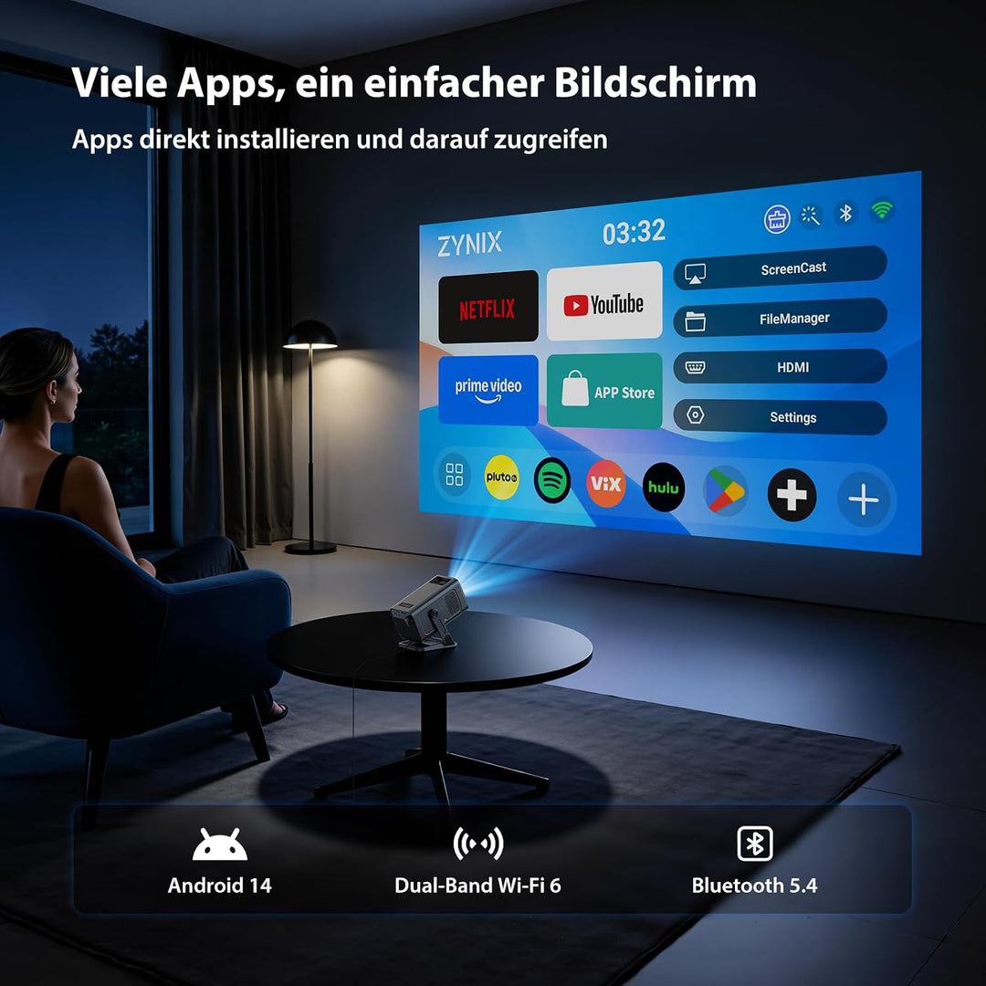 ZYNIX Smart Mini Beamer mit Android 14, unterstützt 4K &amp; 1080P, WLAN Projektor mit WiFi 6 &amp; Bluetoot
