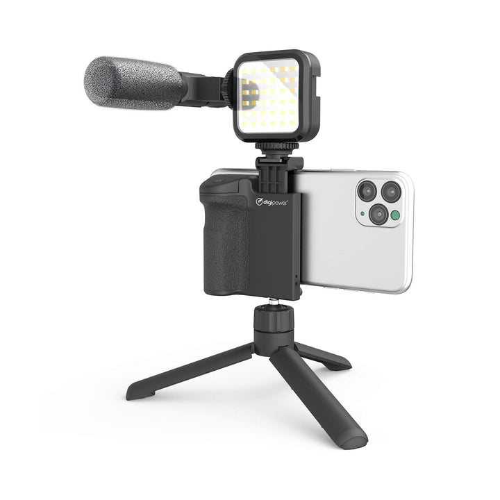 DigiPower Vlogging Set Follow me mit LED-Videoleuchte + Mikrofon + Kameragriff mit Handy Halterung +