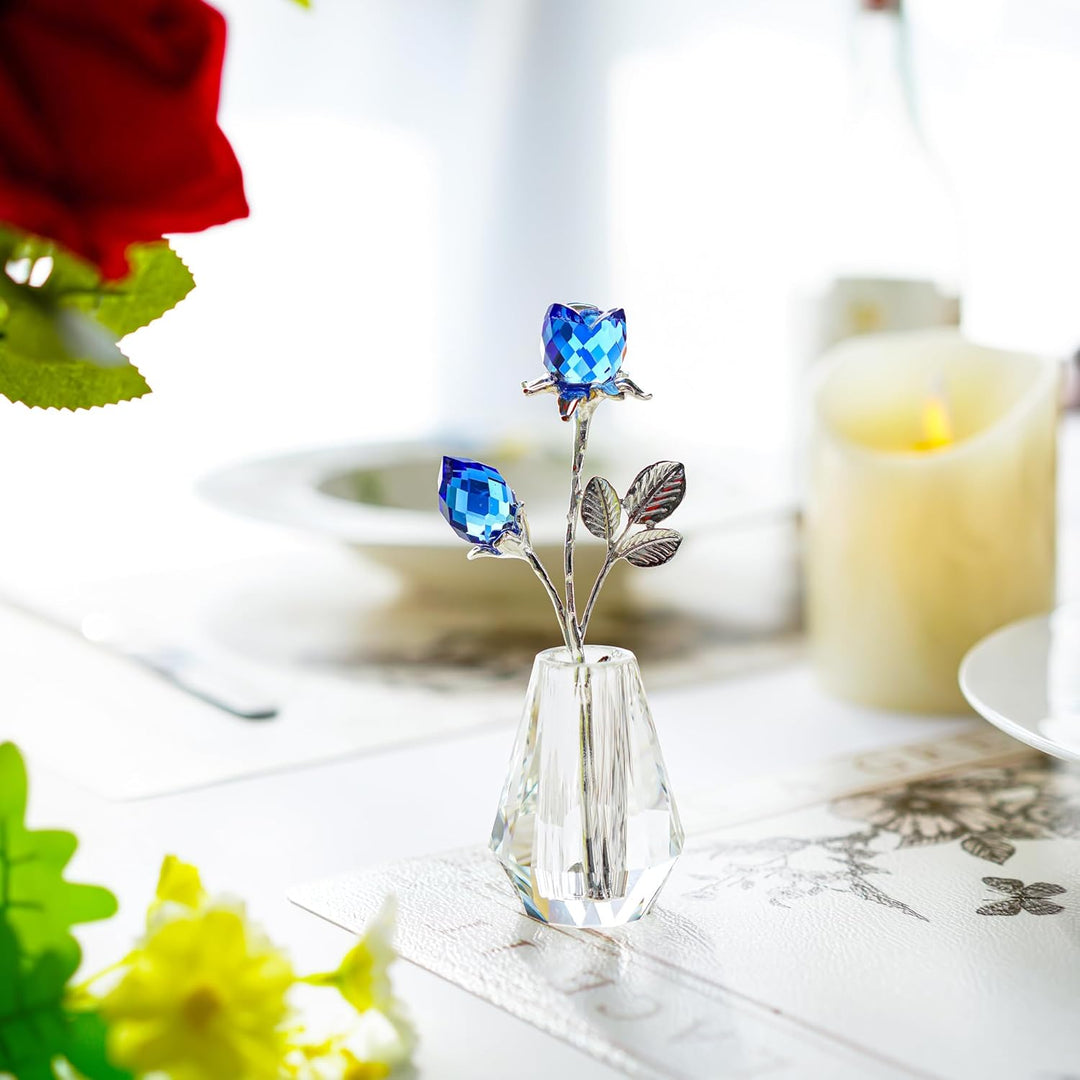 H&D Zwei kristallblaue Rosen,Kristall Rosen Figuren mit silberner Stange,Für Immer Kristallrose Brie
