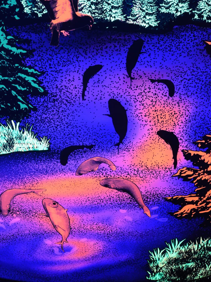 PSYWORK Schwarzlicht Stoffposter Neon | Chromadepth 3D Mountain Lake View | 1,5 x 2,25m | UV-aktiv |