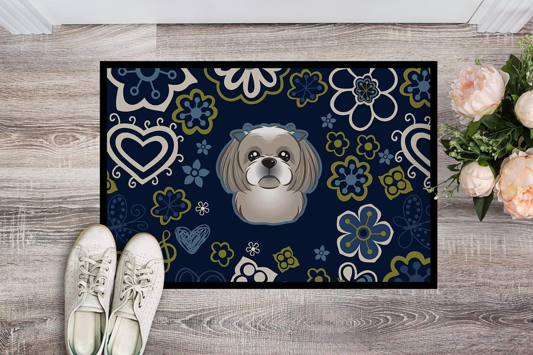 Caroline's Treasures BB5101JMAT Blue Flowers Gray Silver Shih Tzu Indoor or Outdoor Mat Doormat, Mul