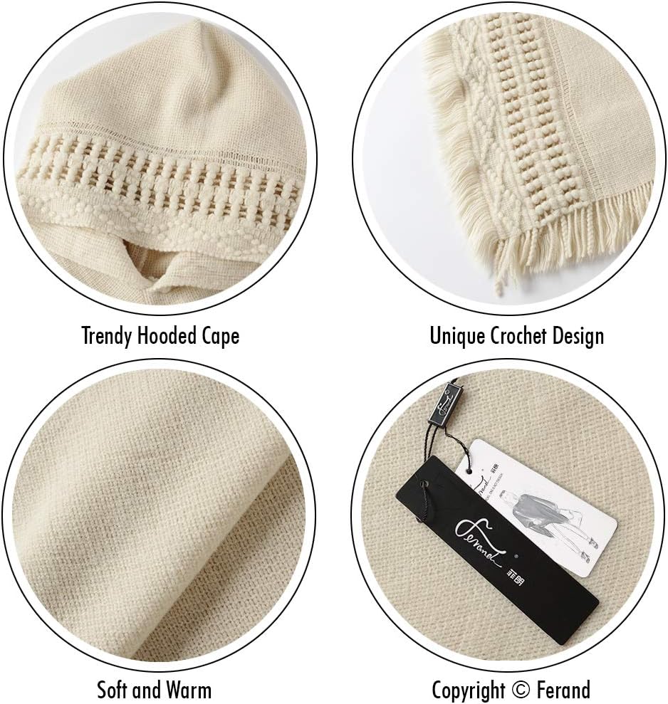 Ferand Damen Poncho mit Kapuze und gehäkeltem Cape mit Fransensaum für Herbst Winter Einheitsgrösse