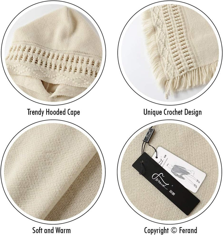 Ferand Damen Poncho mit Kapuze und gehäkeltem Cape mit Fransensaum für Herbst Winter Einheitsgrösse