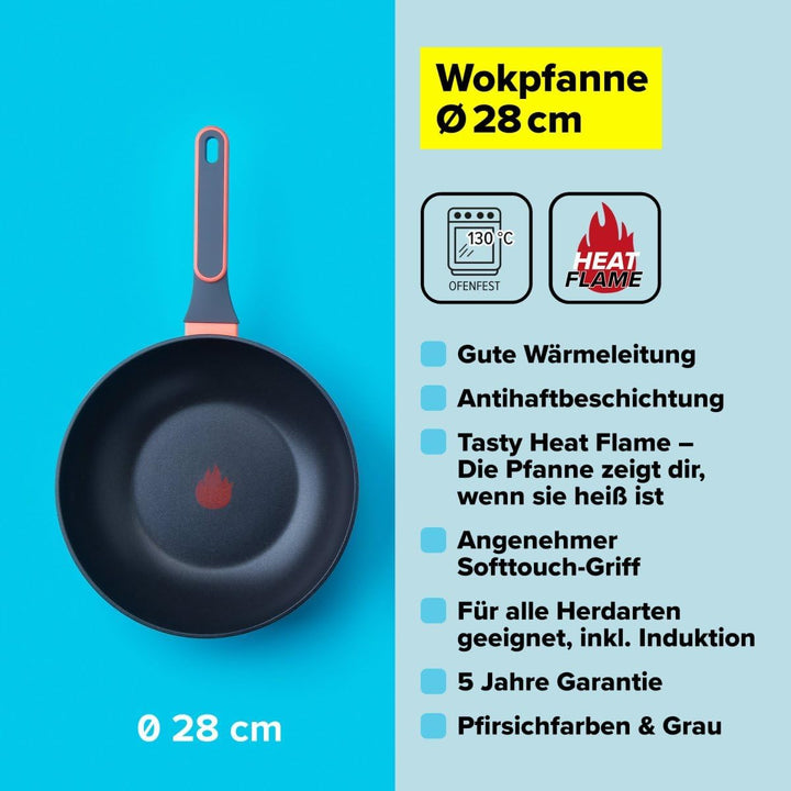 Tasty Antihaft-Wokpfanne 28 cm, induktionsgeeigneter Wok mit Tasty Heat Flame 28 cm Wokpfanne, 28 cm