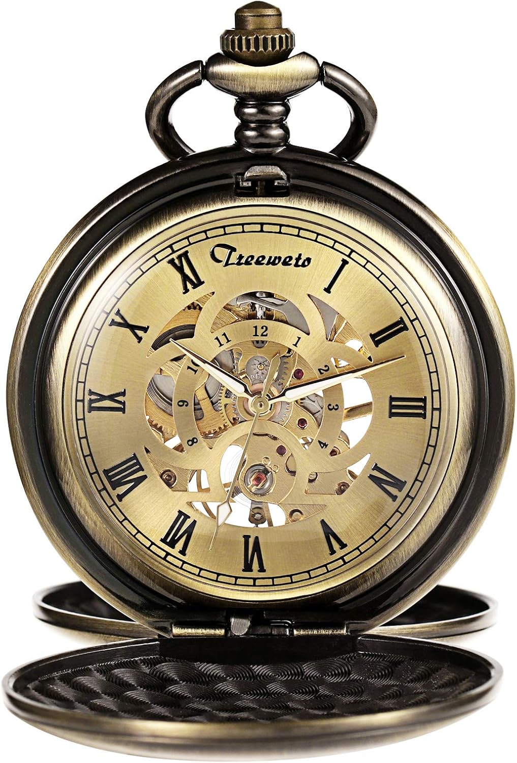 TREEWETO Taschenuhr Unisex Taschenuhr mit Kette Analog Mechanisch Handaufzug Doppelscharnier Antik R