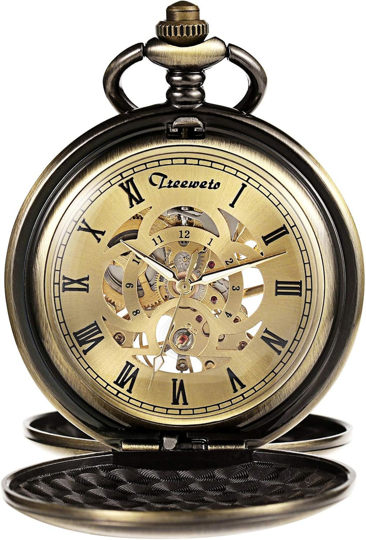 TREEWETO Taschenuhr Unisex Taschenuhr mit Kette Analog Mechanisch Handaufzug Doppelscharnier Antik R
