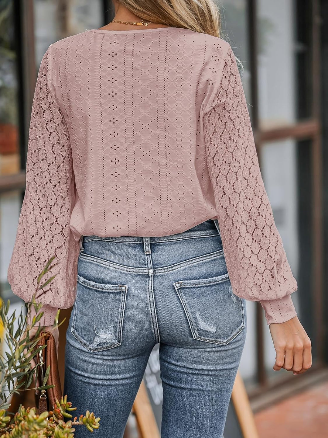 CUPSHE Damen Blusen V-Ausschnitt Spitzen Wellenkante Puffärmel Langarmshirt Lässige Lace Oberteile T