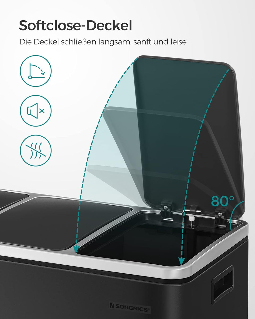 SONGMICS Mülleimer Küche, Mülltrennsystem, 3 x 18 L, Treteimer mit 3 Fächern, Abfalleimer, Softclose