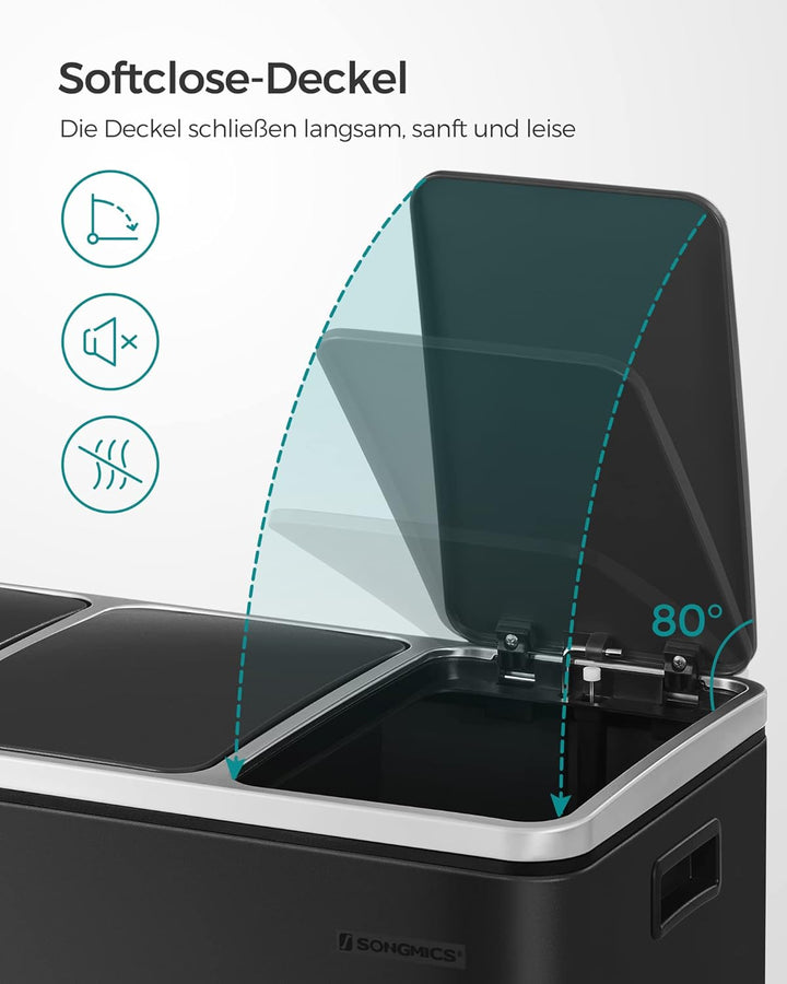 SONGMICS Mülleimer Küche, Mülltrennsystem, 3 x 18 L, Treteimer mit 3 Fächern, Abfalleimer, Softclose