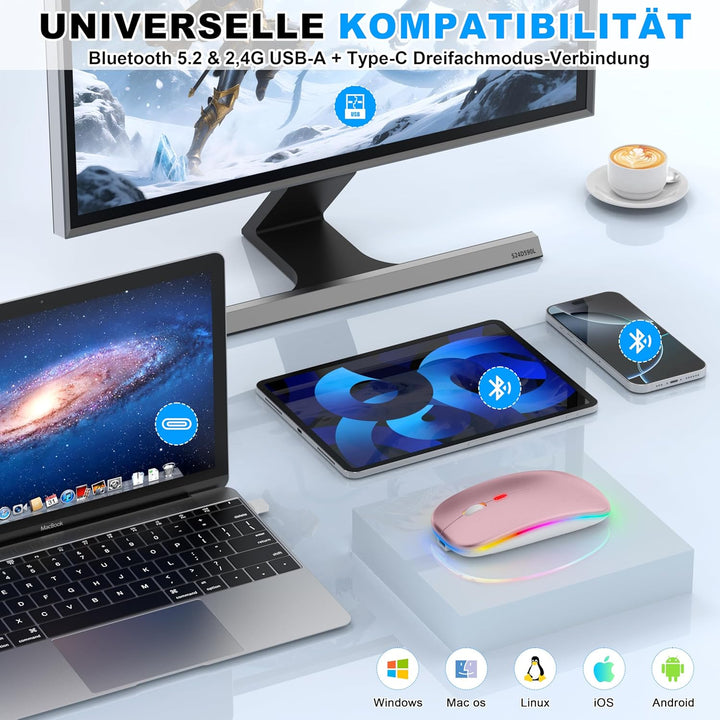 Azmall Kabellose Maus mit Jiggler-Modus – Bluetooth 5.2 & 2.4G Funk, für Laptop, PC, iOS, Android, i