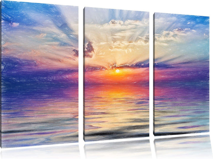 Pixxprint Einzigartiger Sonnenaufgang im Meer Bunstift Effekt 3-Teiler Leinwandbild 120x80 Bild auf