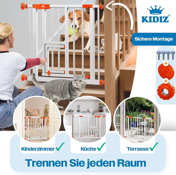 KIDIZ Absperrgitter zum Klemmen mit Katzenklappe, Türschutzgitter, Autoclose Kinder Treppengitter oh